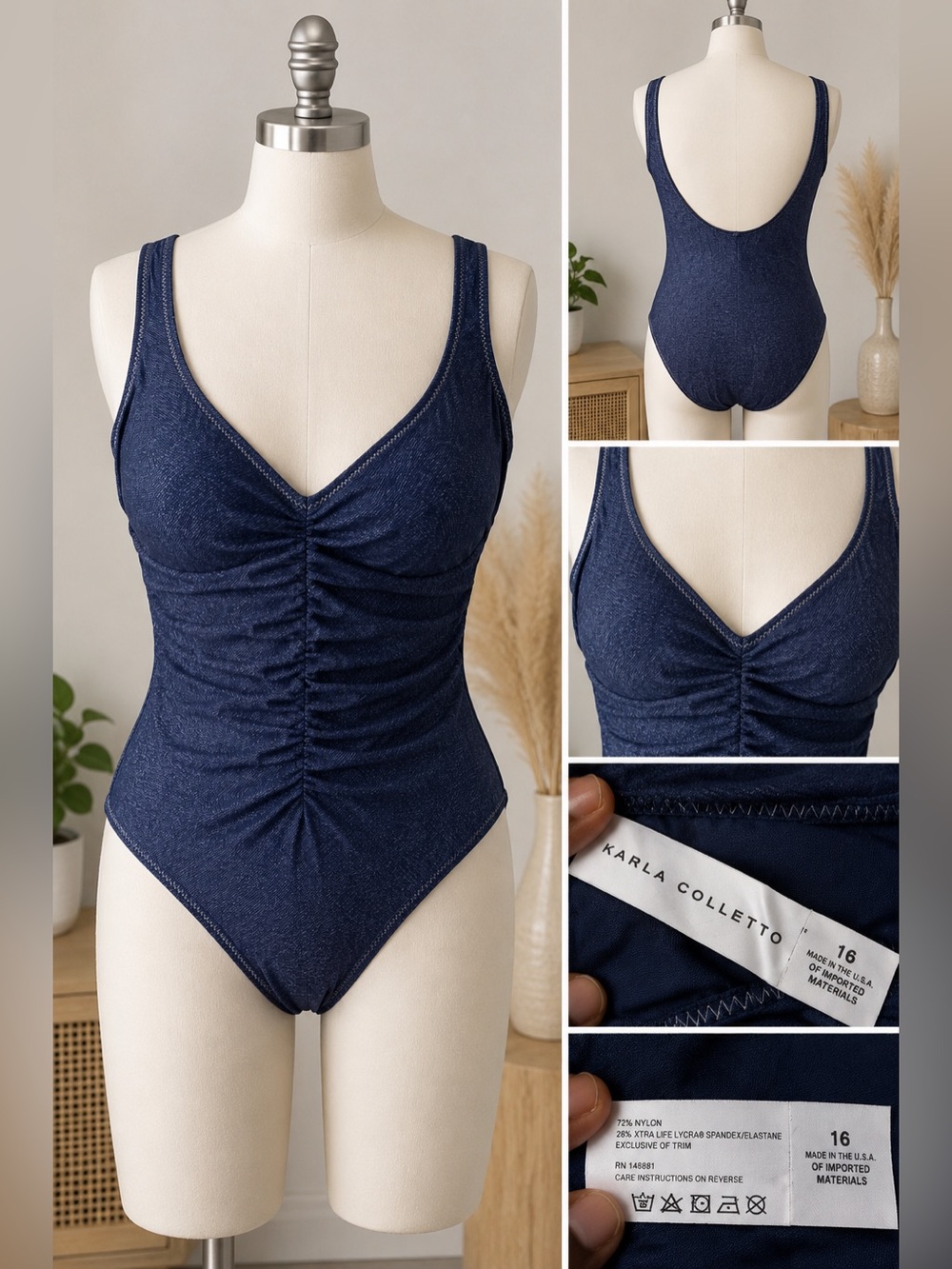 Karla Colletto One Piece Swimsuit Women’s 16 Blue Ruched Underwire Denim Look